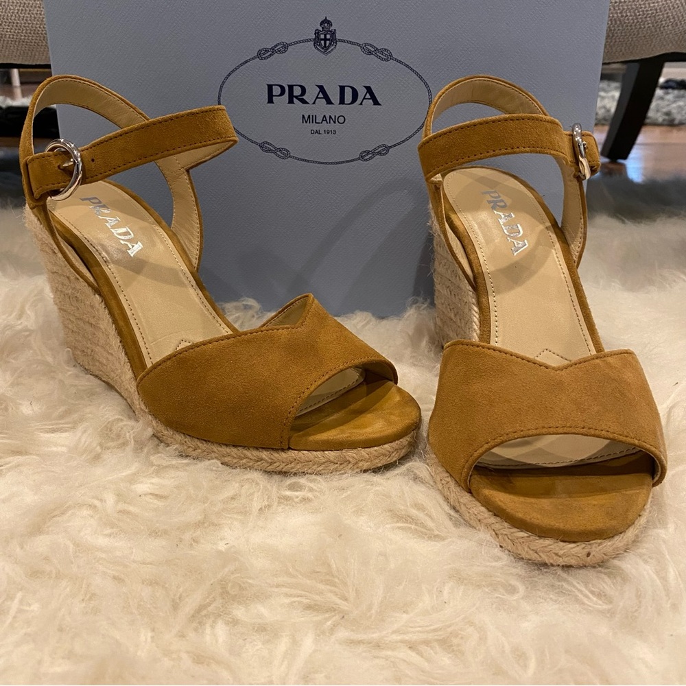 Prada Beige Camel Wedge Sandal size 38.5 fits 8 or 7.5